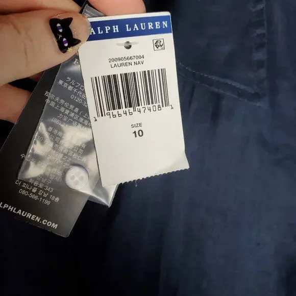 NEW Lauren Ralph Lauren Tie Front Linen Shirtdress Sz 10 Navy Blue Short Sleeve - Picture 9 of 13